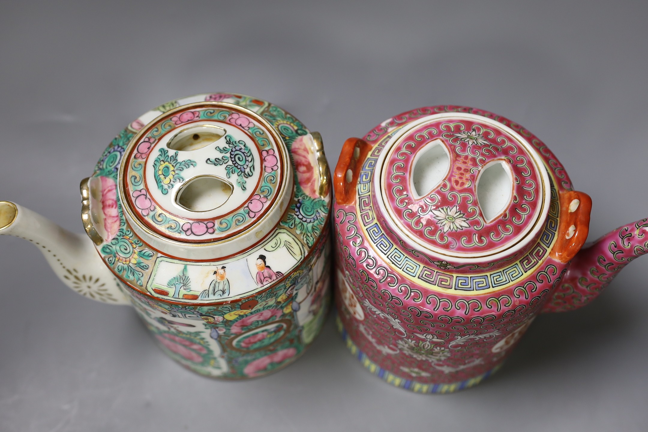 A Chinese wooden figure of Budai, two teapots in baskets and a tea caddy